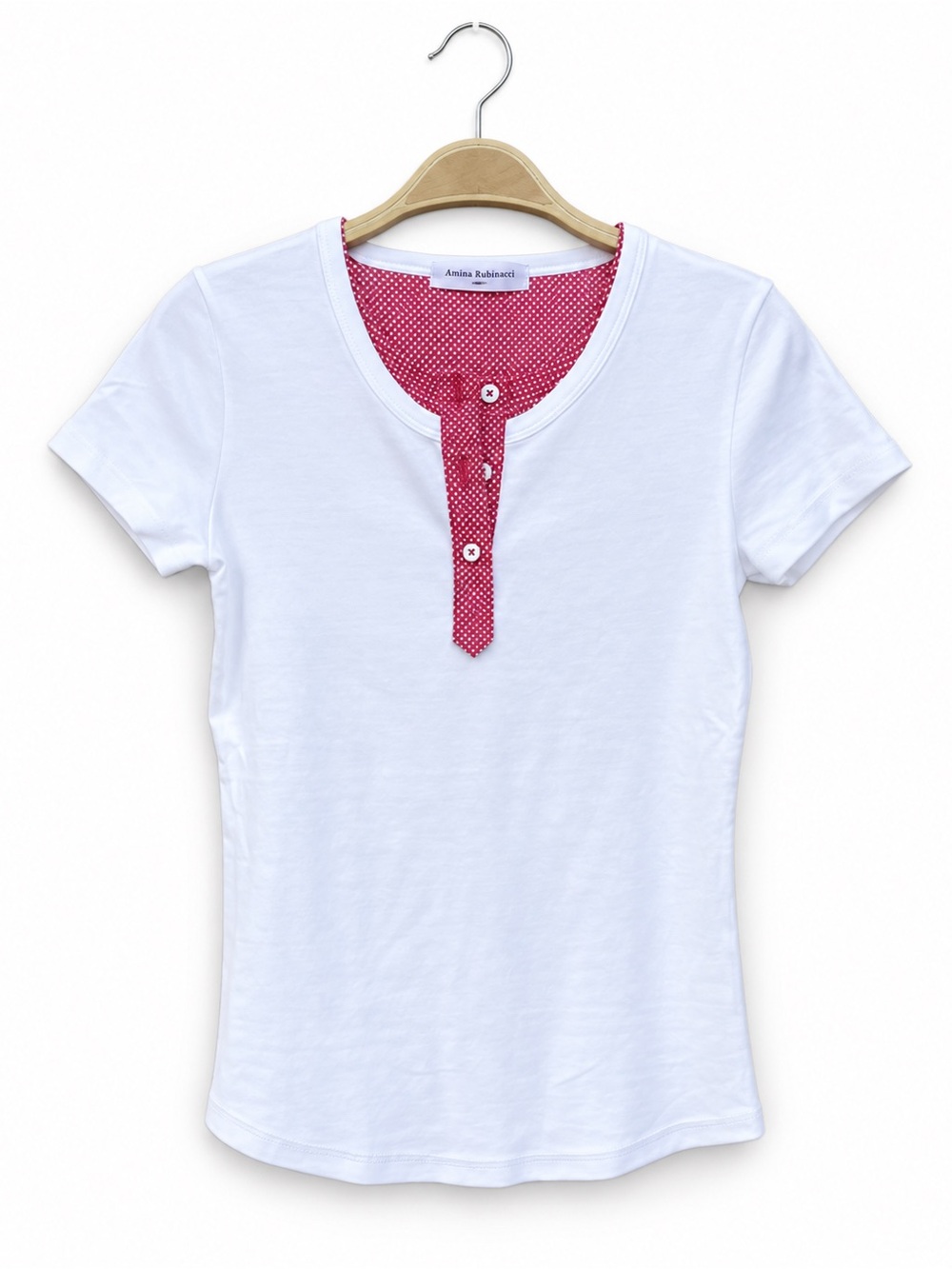 Amina Rubinacci White Henley Top Size 4 IT 40 Made in Italy Pink Trim‎